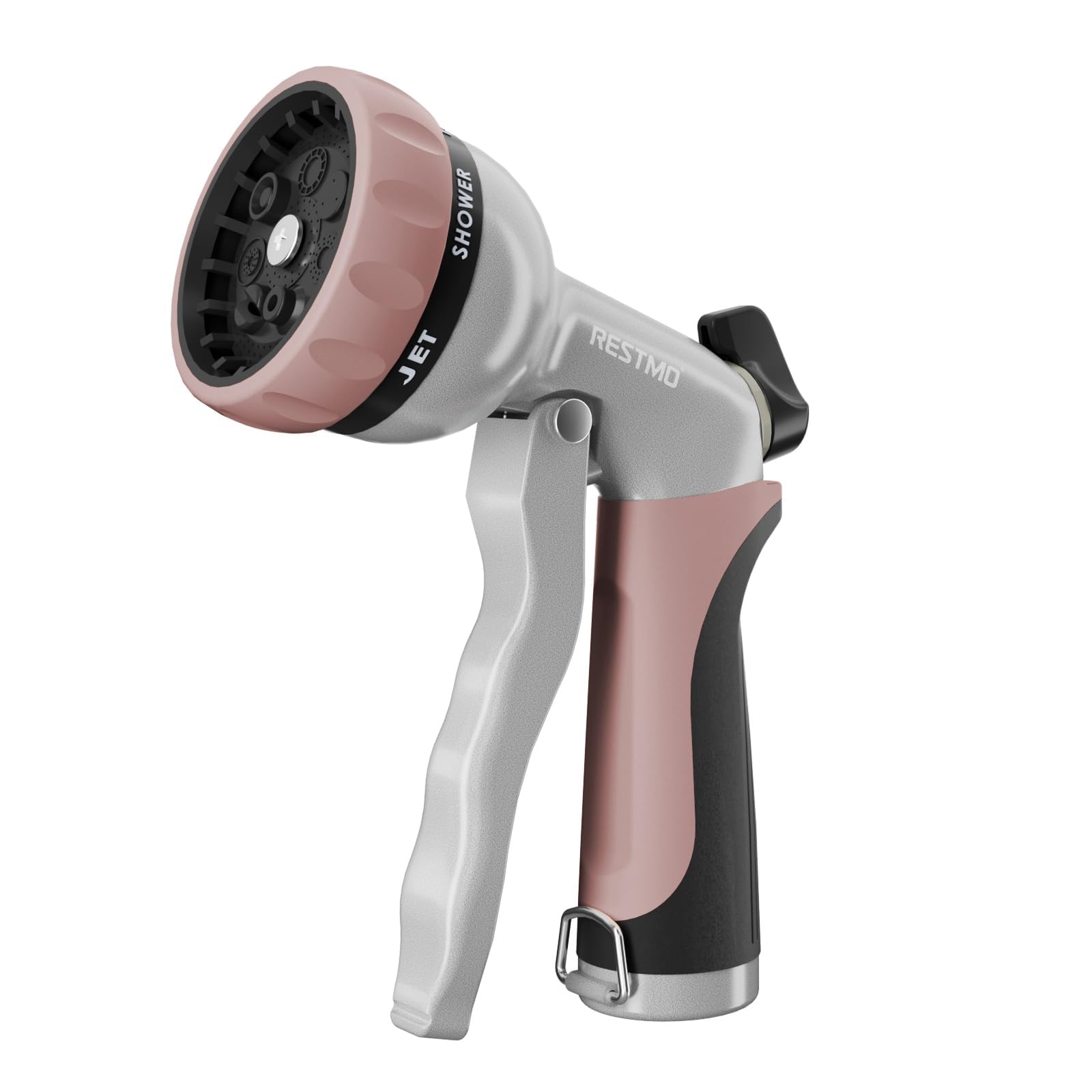 Restmo garden hose nozzle front view in rose gold with ergonomic grip for easy watering.