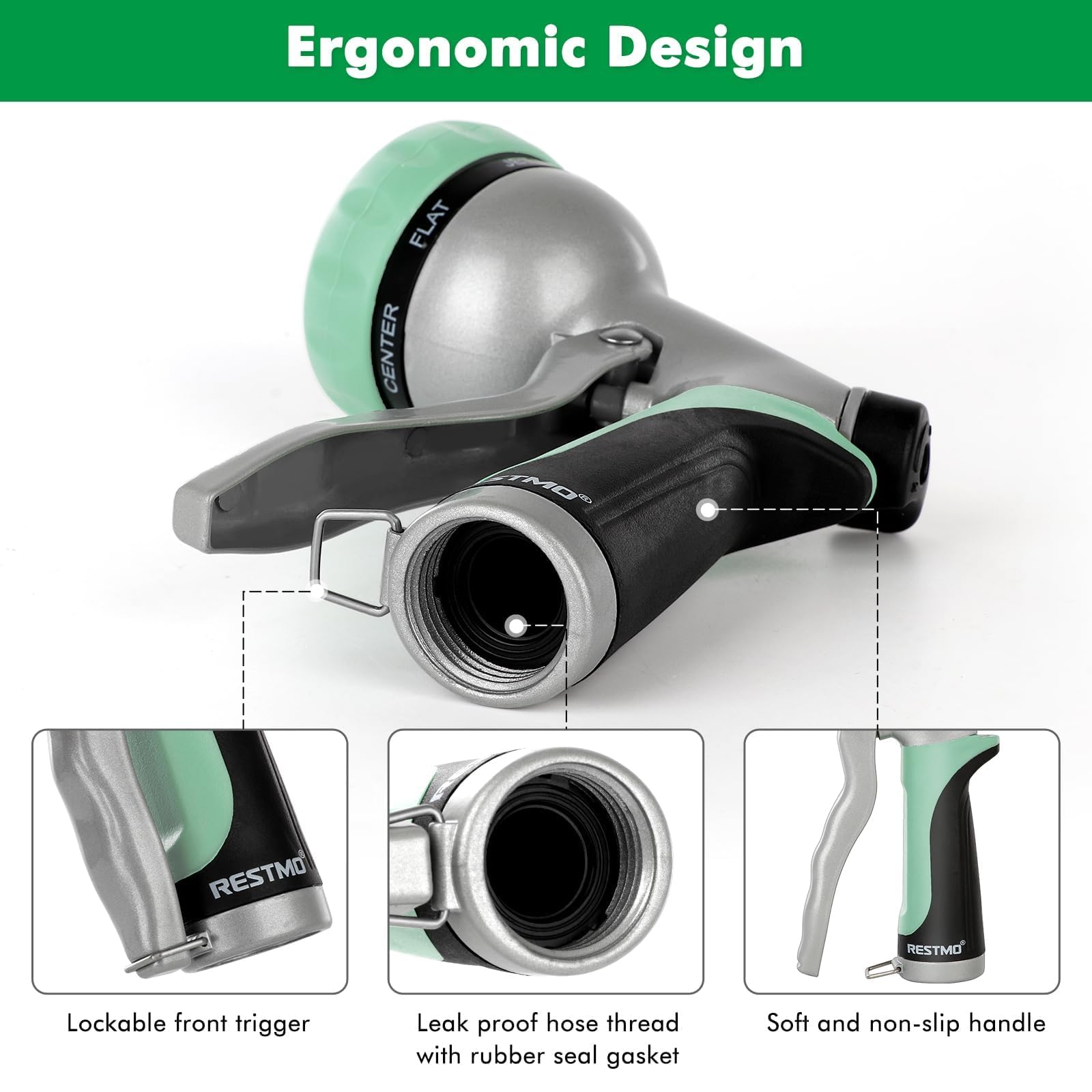 Restmo garden hose nozzle rubber bezel protects against drops and damage.