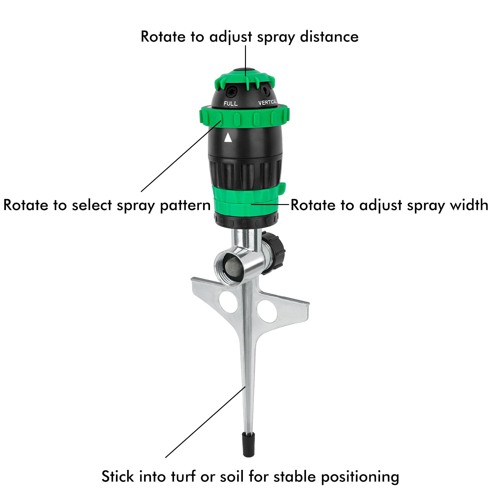 Five-pattern head on Restmo sprinkler enables precise garden irrigation.