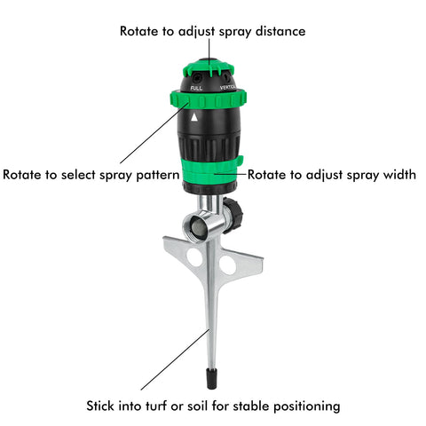 Five-pattern head on Restmo sprinkler enables precise garden irrigation.