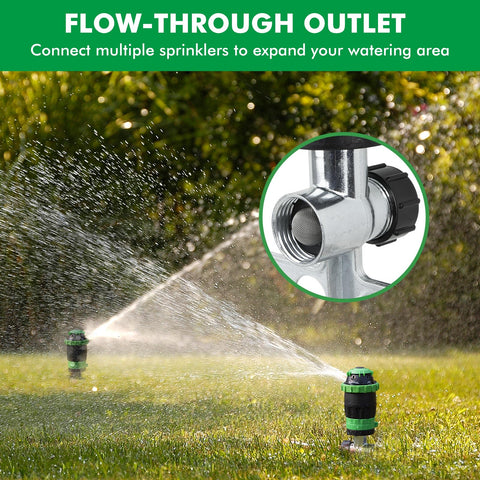 Vertical spray helps reach edges and borders with Restmo sprinkler.