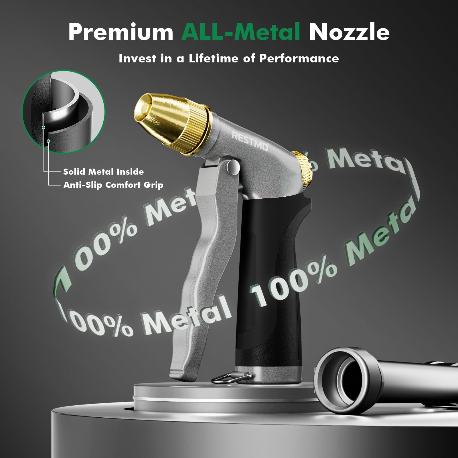 Restmo trigger close-up with lockable front trigger for reduced hand fatigue.