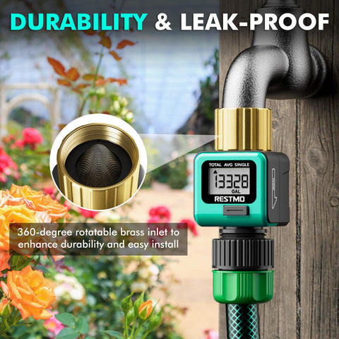 Restmo flow meter attached to garden hose showing a secure brass inlet.