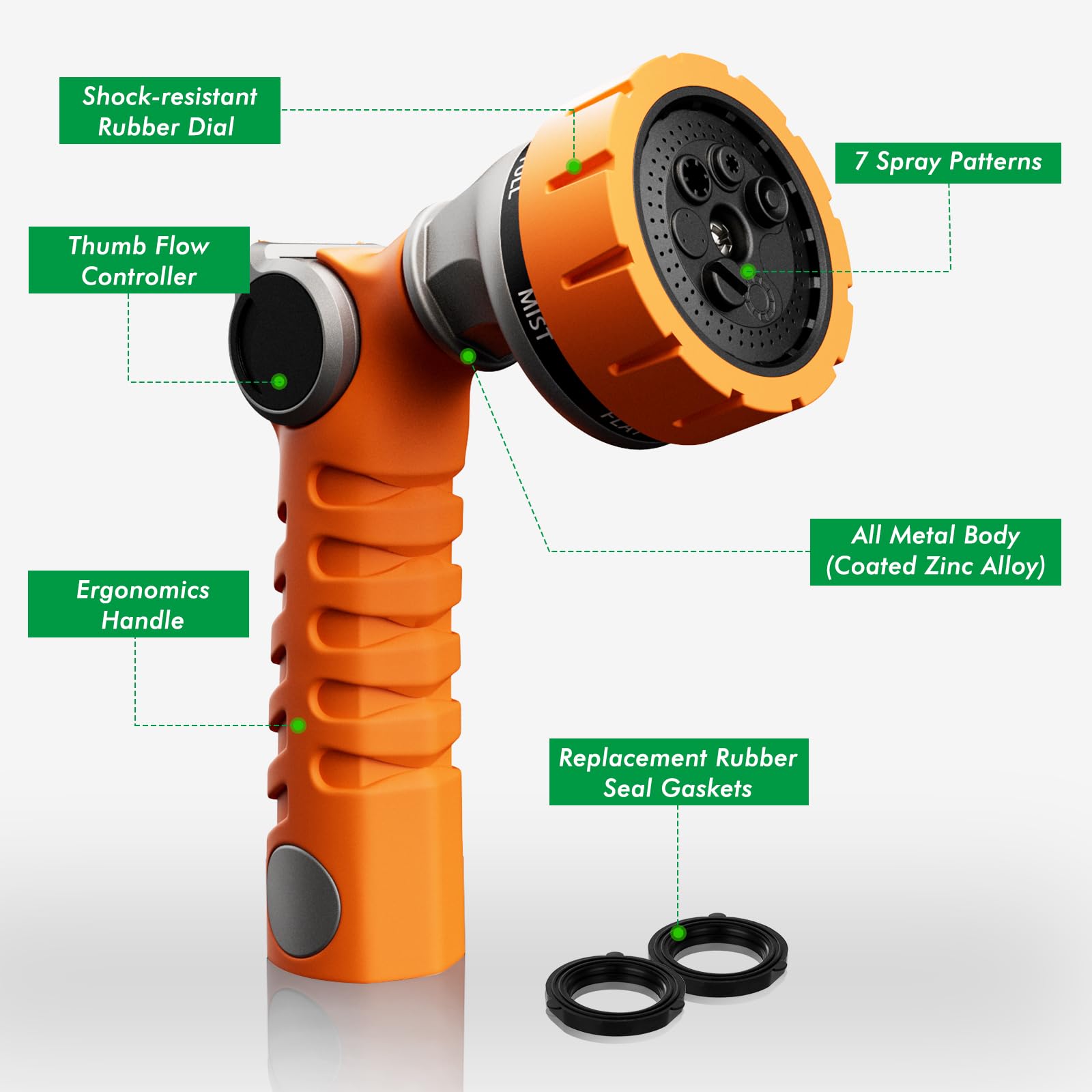Restmo hose nozzle 7-pattern dial for versatile watering and cleaning.