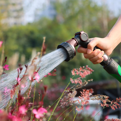 Restmo nozzle in use for garden watering and car cleaning with multiple patterns