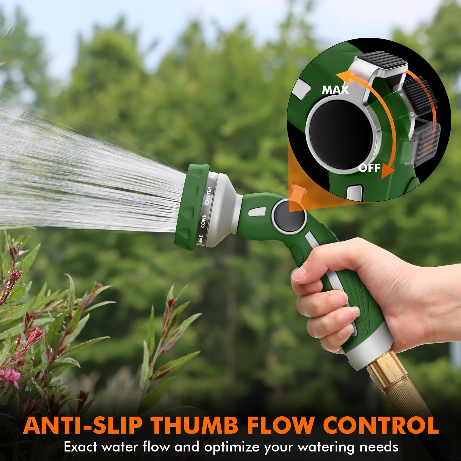 Restmo hose nozzle nine-pattern dial offers versatile watering options.