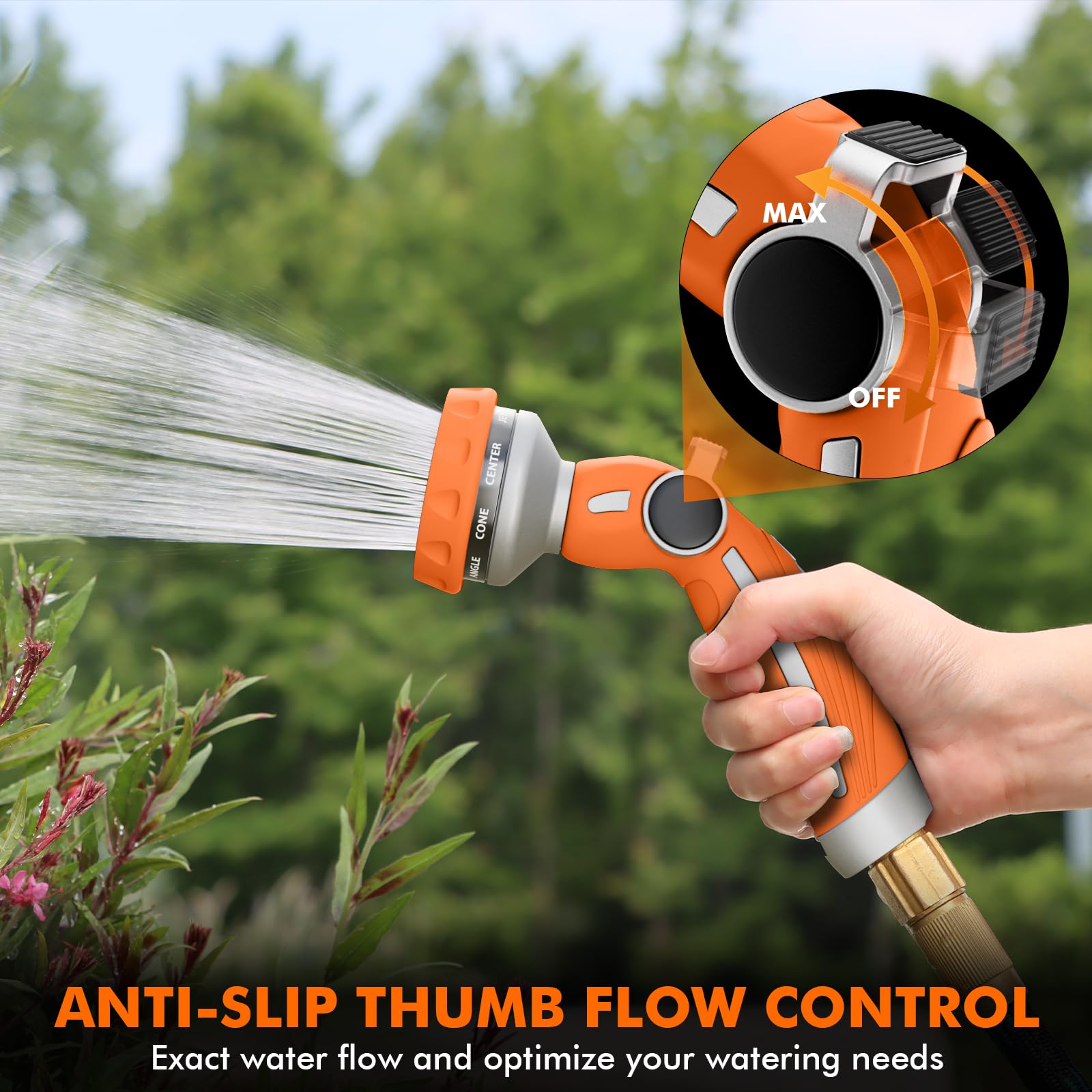 RESTMO hose nozzle shows nine patterns for versatile watering tasks.
