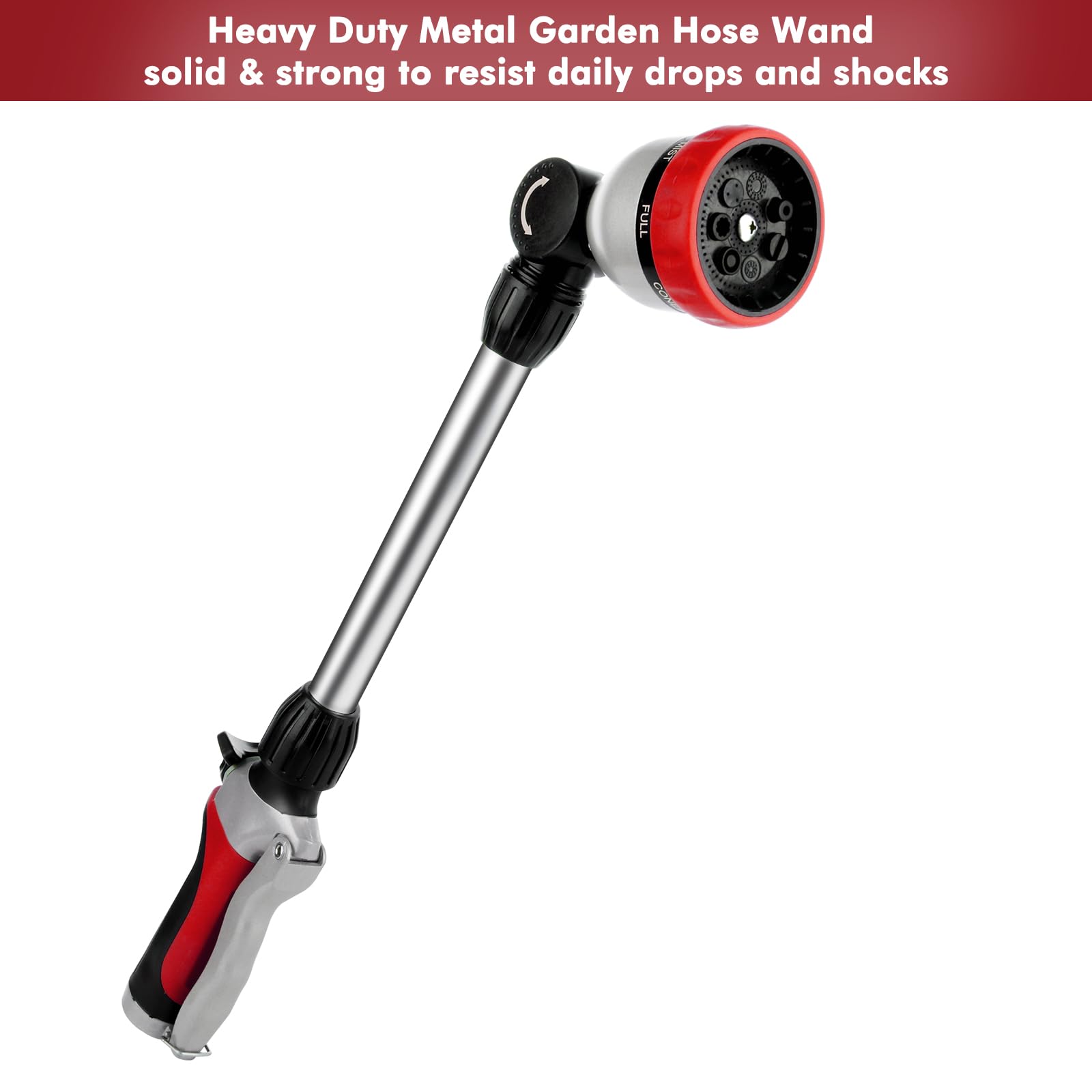 Restmo hose nozzle showing seven spray patterns for versatile watering.