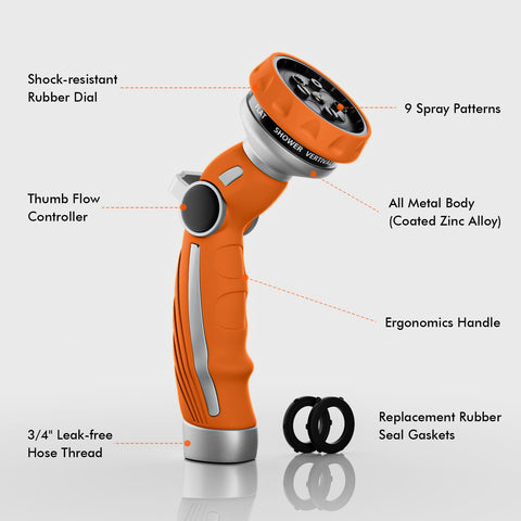 RESTMO hose nozzle with thumb flow control for precise watering.