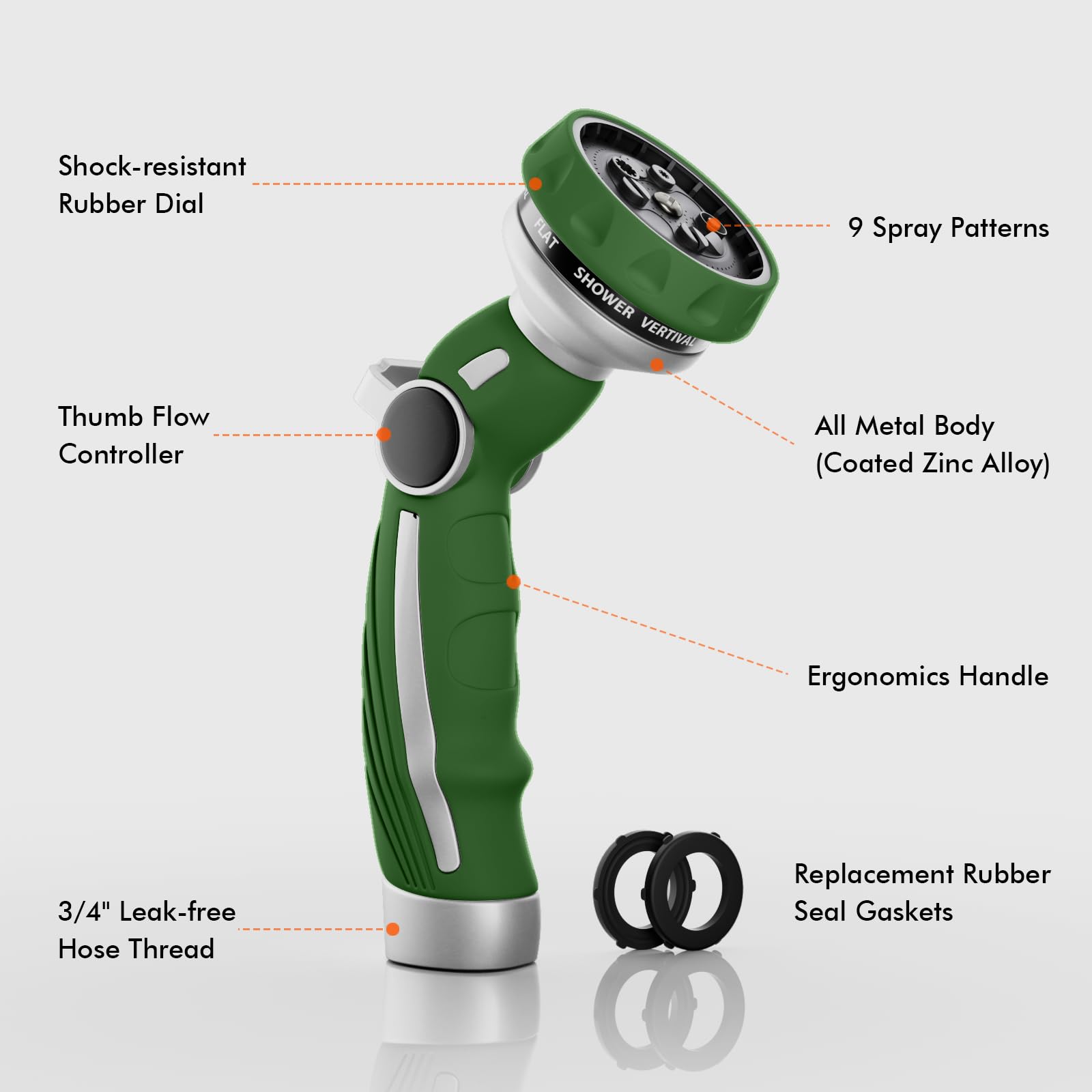 Restmo hose nozzle featuring thumb flow control for easy one-handed operation.