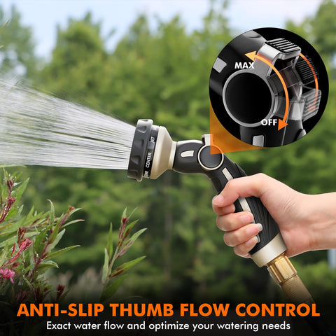 Restmo hose nozzle thumb flow control enables easy on/off with a single press