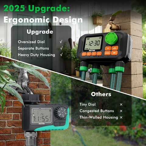 Restmo manual mode and rain delay provide flexible garden irrigation options.