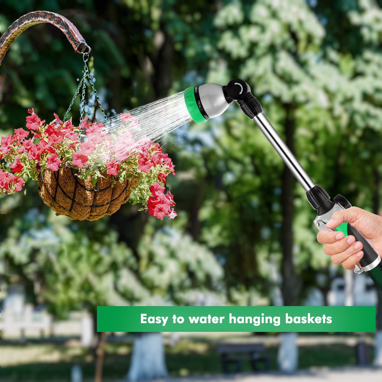 Restmo metal watering wand fits standard garden hoses with a leak-free seal.