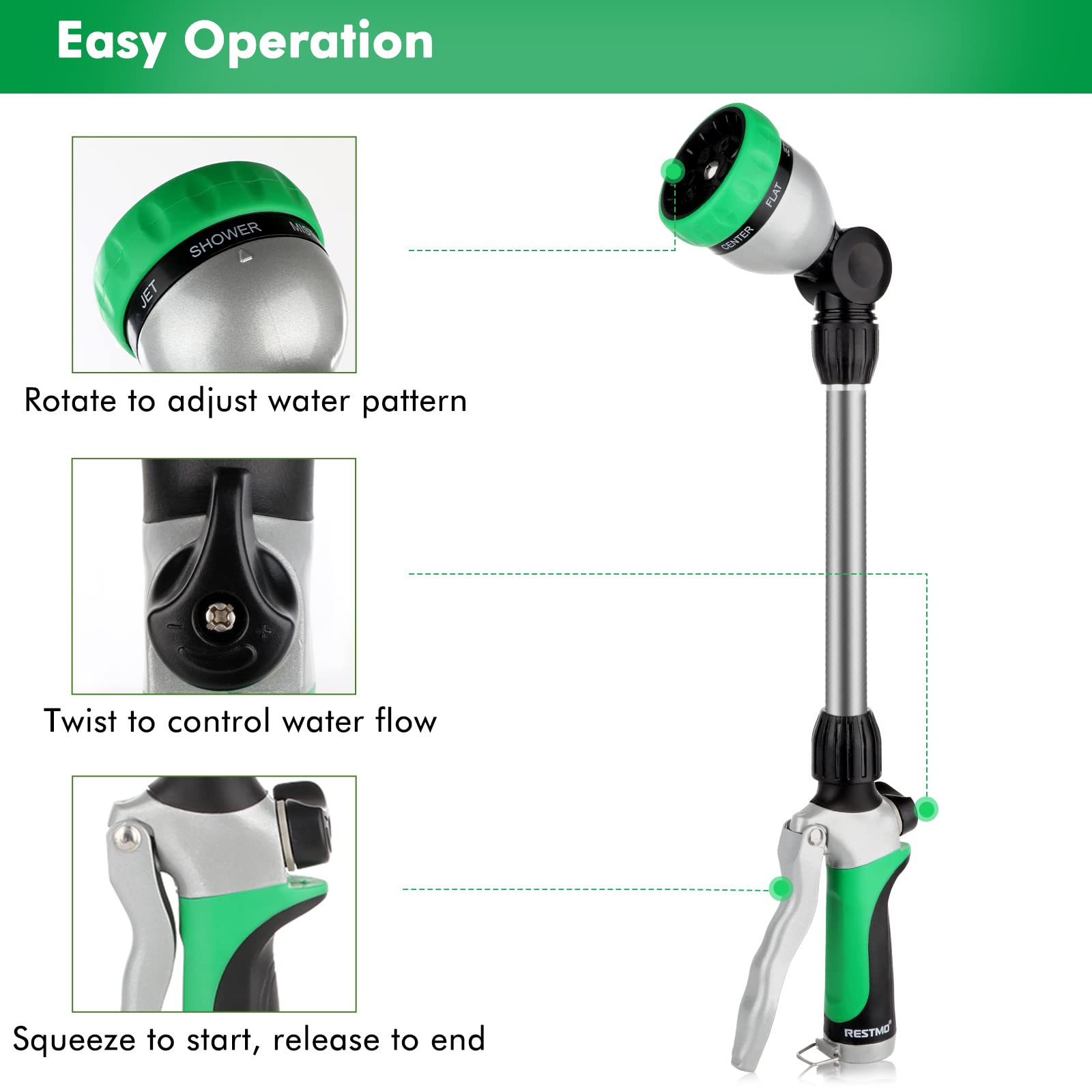 Restmo metal watering wand seven-pattern sprayer enables versatile watering and light cleaning.