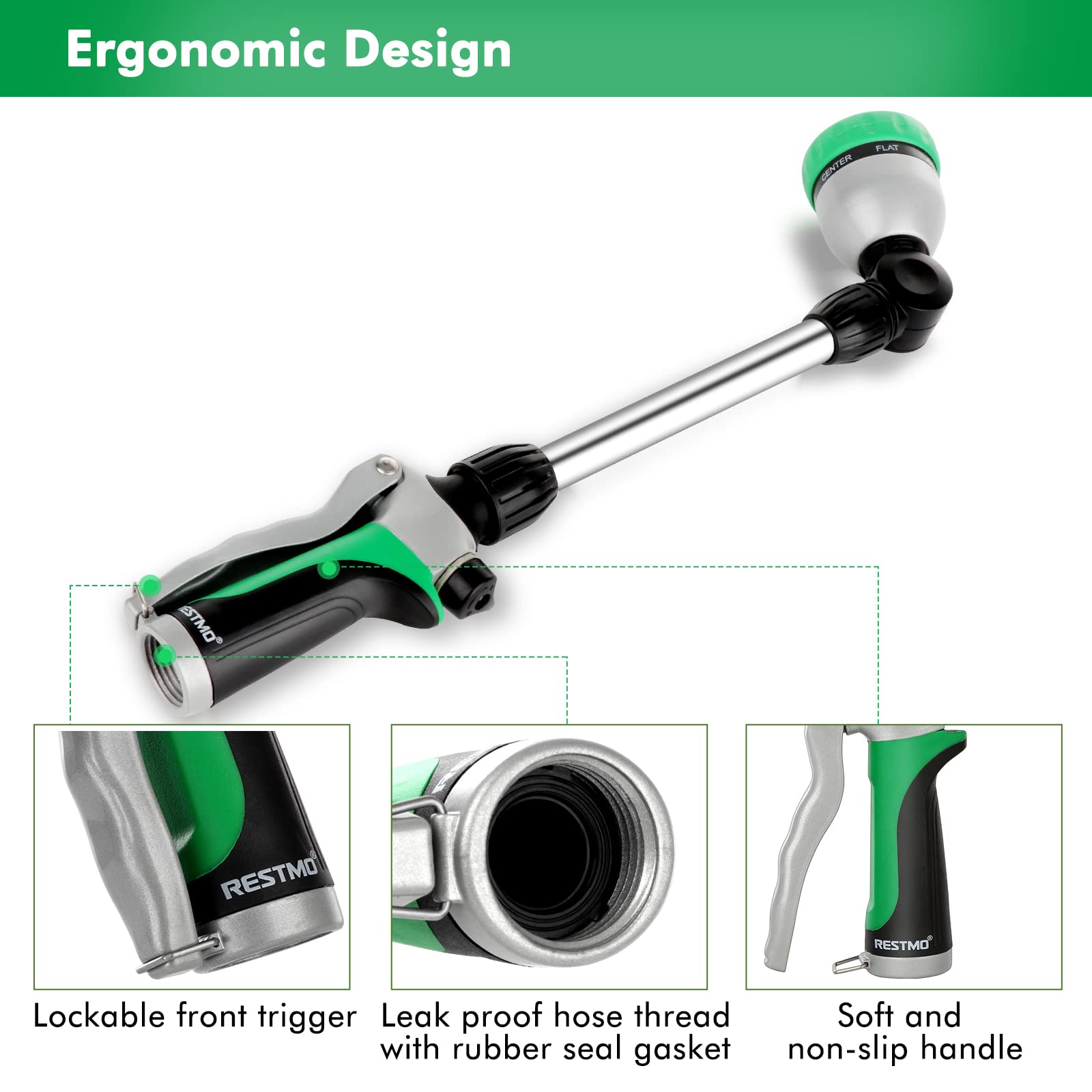 Restmo metal watering wand flow control knob adjusts pressure for plants or patio tasks.