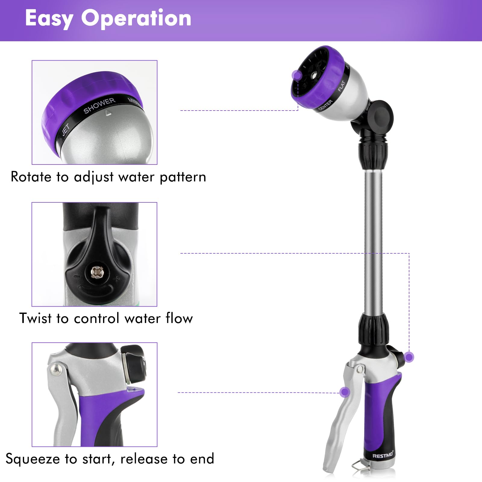 Restmo flow control knob on watering wand for adjustable pressure
