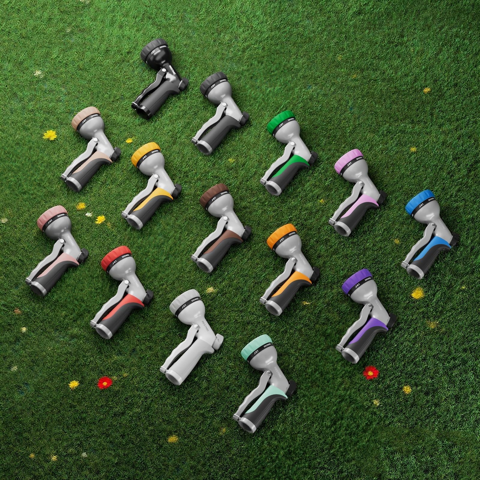 Restmo nozzle in use for garden watering and pet cleaning scenarios.