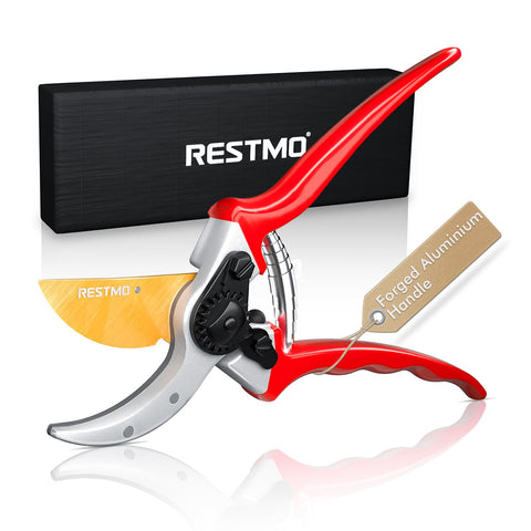 Restmo 8.6-inch pruning shears blade close-up showing a sharp edge for clean cuts.