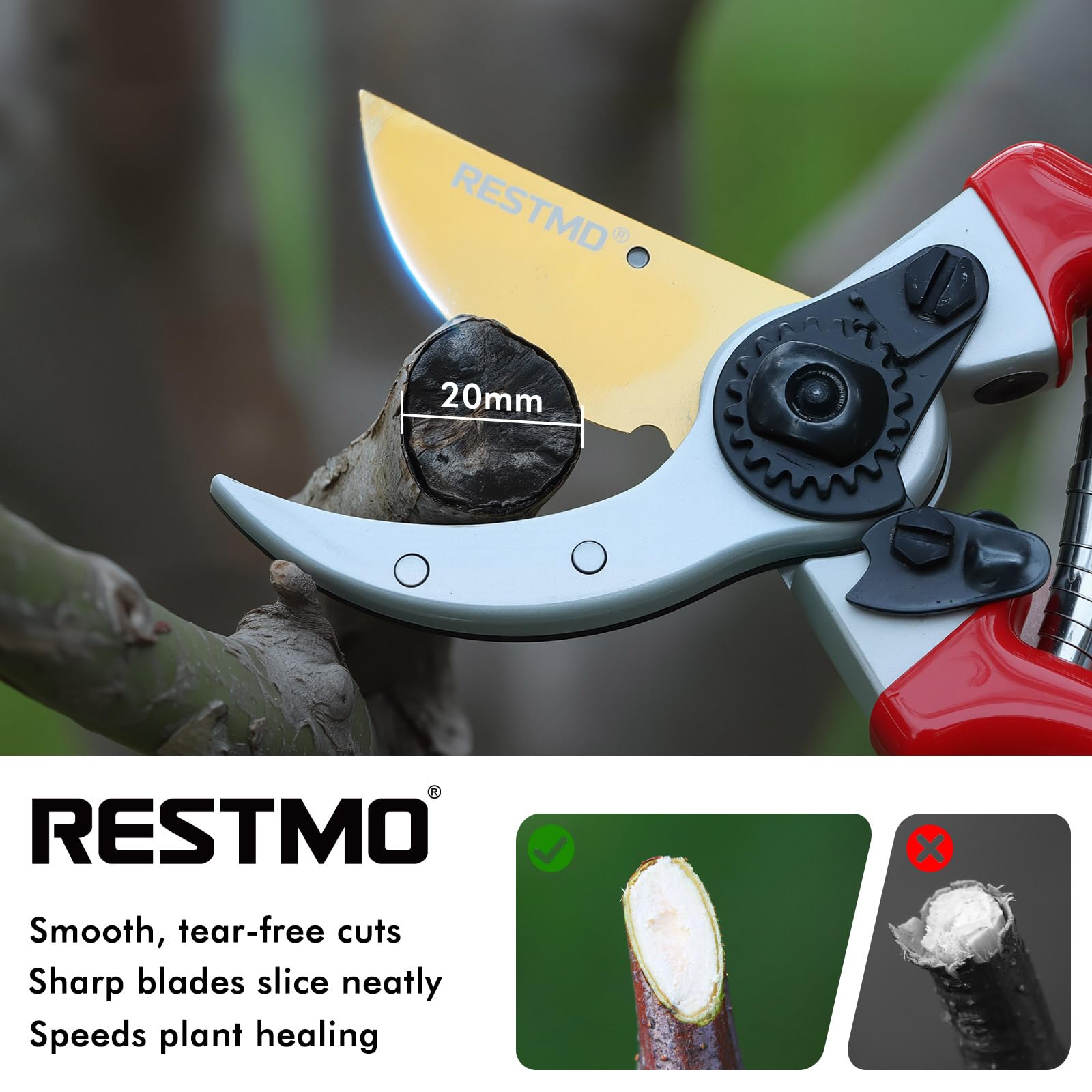 Restmo durable spring reduces hand fatigue for smoother pruning.