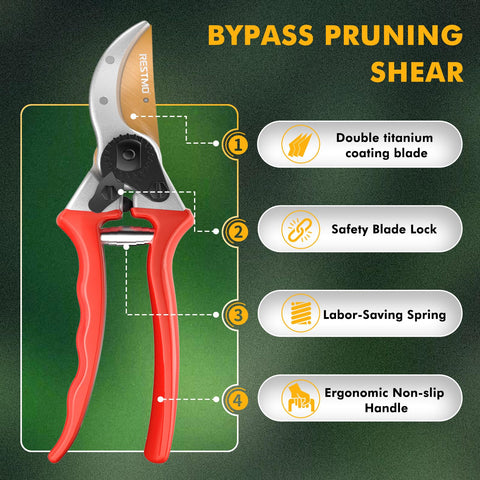 Restmo pruning shears edge detail highlights a durable vacuum heat-treated blade.