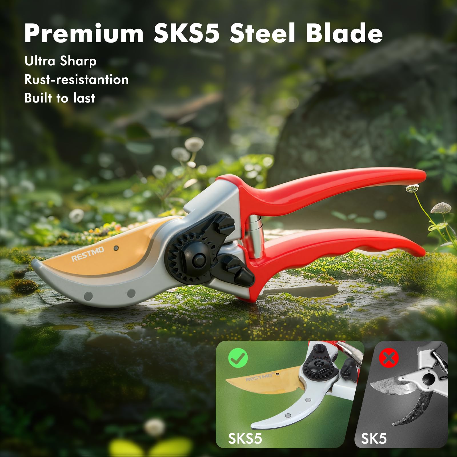 Restmo forged aluminum handles emphasize sturdy, long-lasting garden tool design.