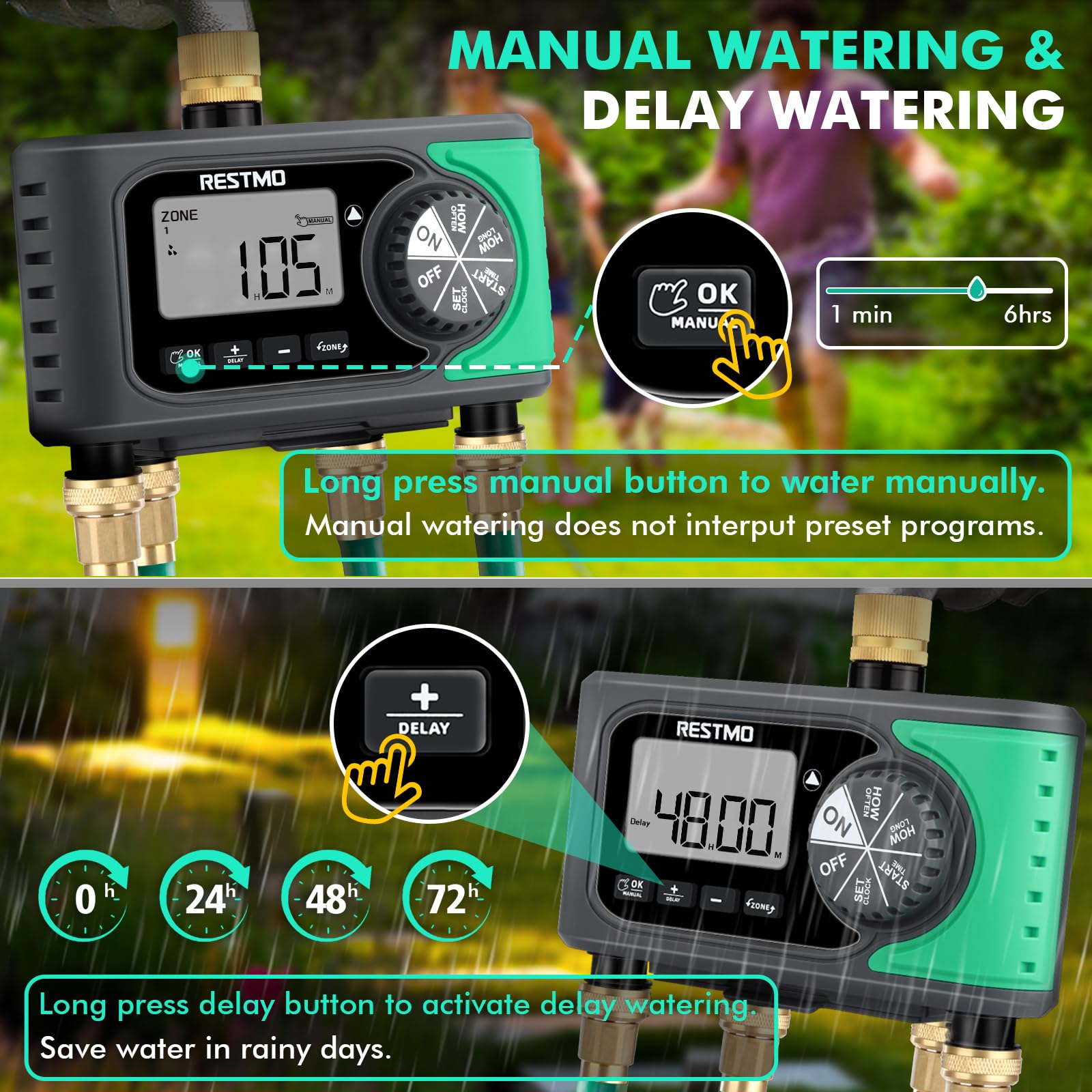 RESTMO rain-delay feature helps adapt watering to weather changes