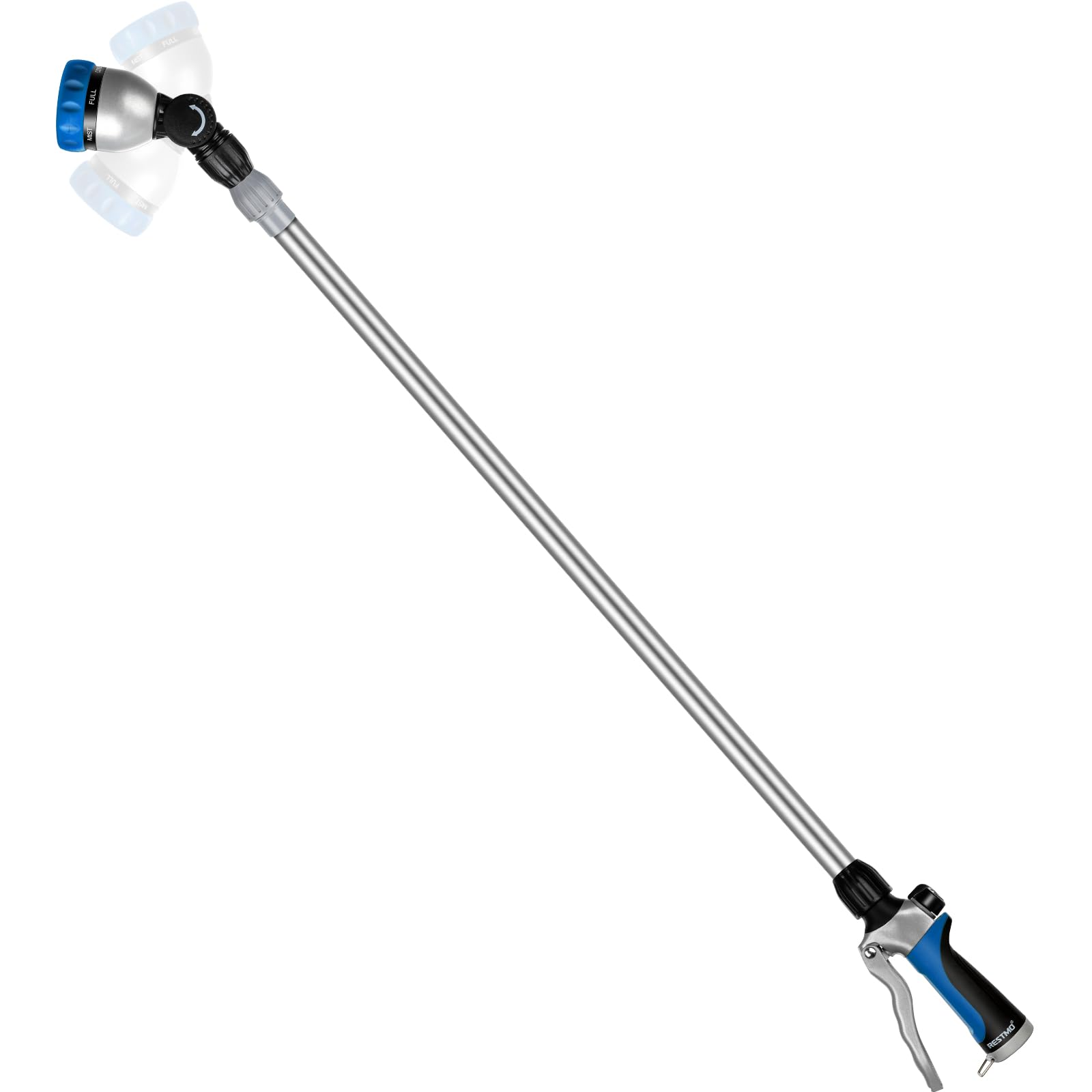 Restmo telescoping watering wand extended to reach hanging baskets.