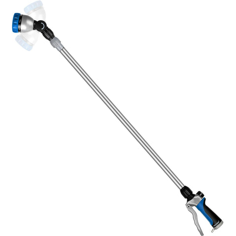 Restmo telescoping watering wand extended to reach hanging baskets.