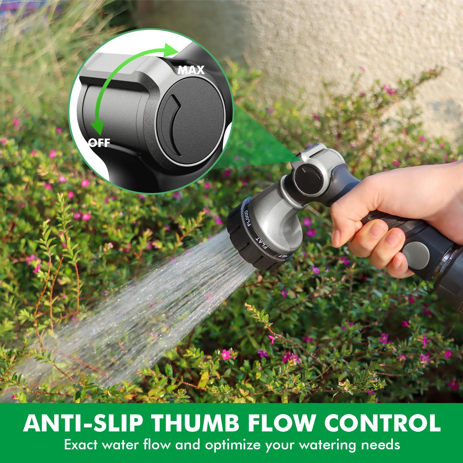 RESTMO nozzle showing thumb control for easy on/off operation.