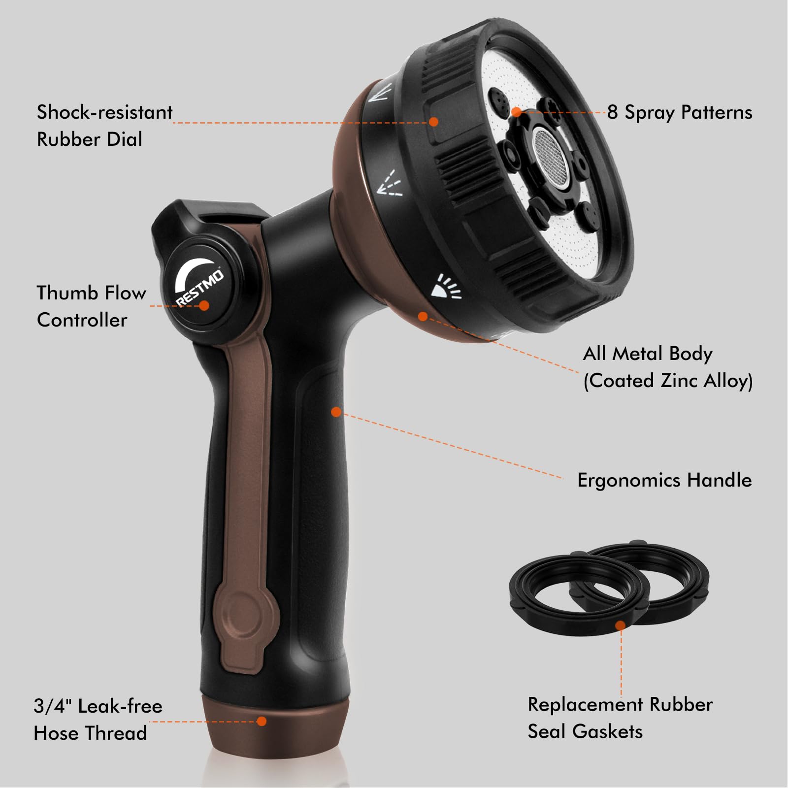 Restmo thumb-control nozzle enables easy flow adjustments during watering.