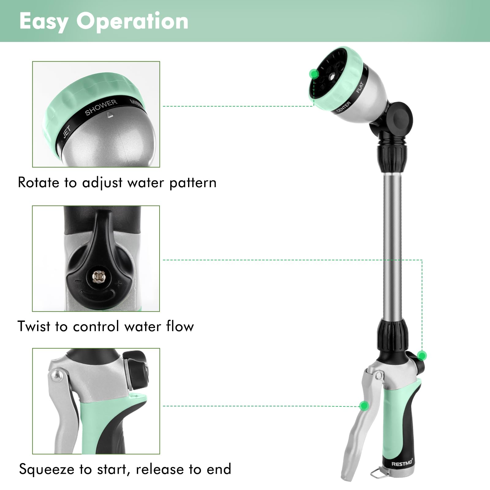RESTMO wand with seven spray patterns for versatile watering tasks.