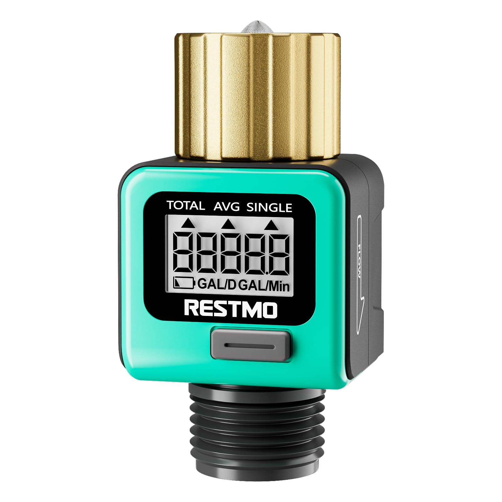 Restmo water flow meter with brass inlet and LCD display for real-time flow data.