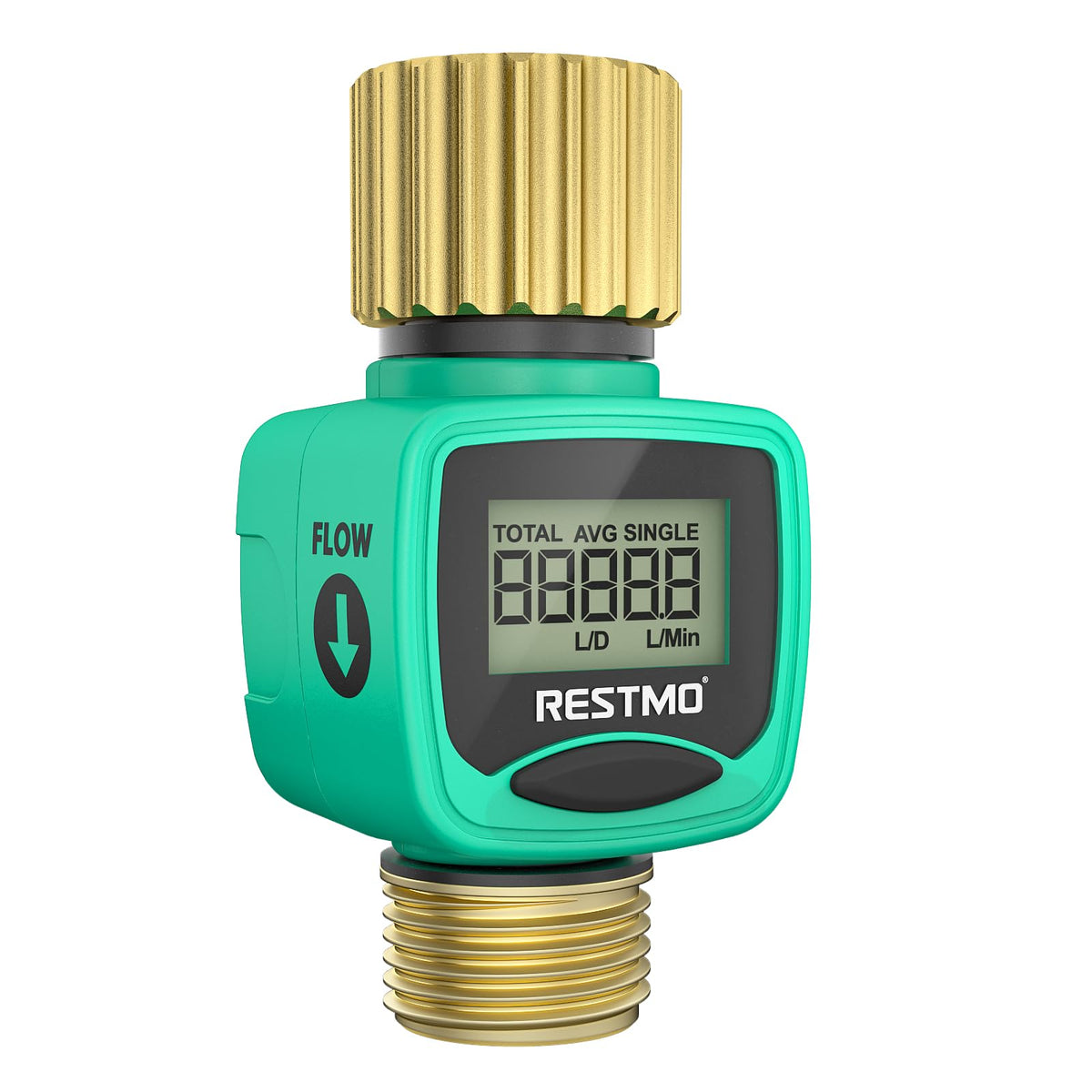 RESTMO water flow meter with brass inlet/outlet for durable outdoor connections.