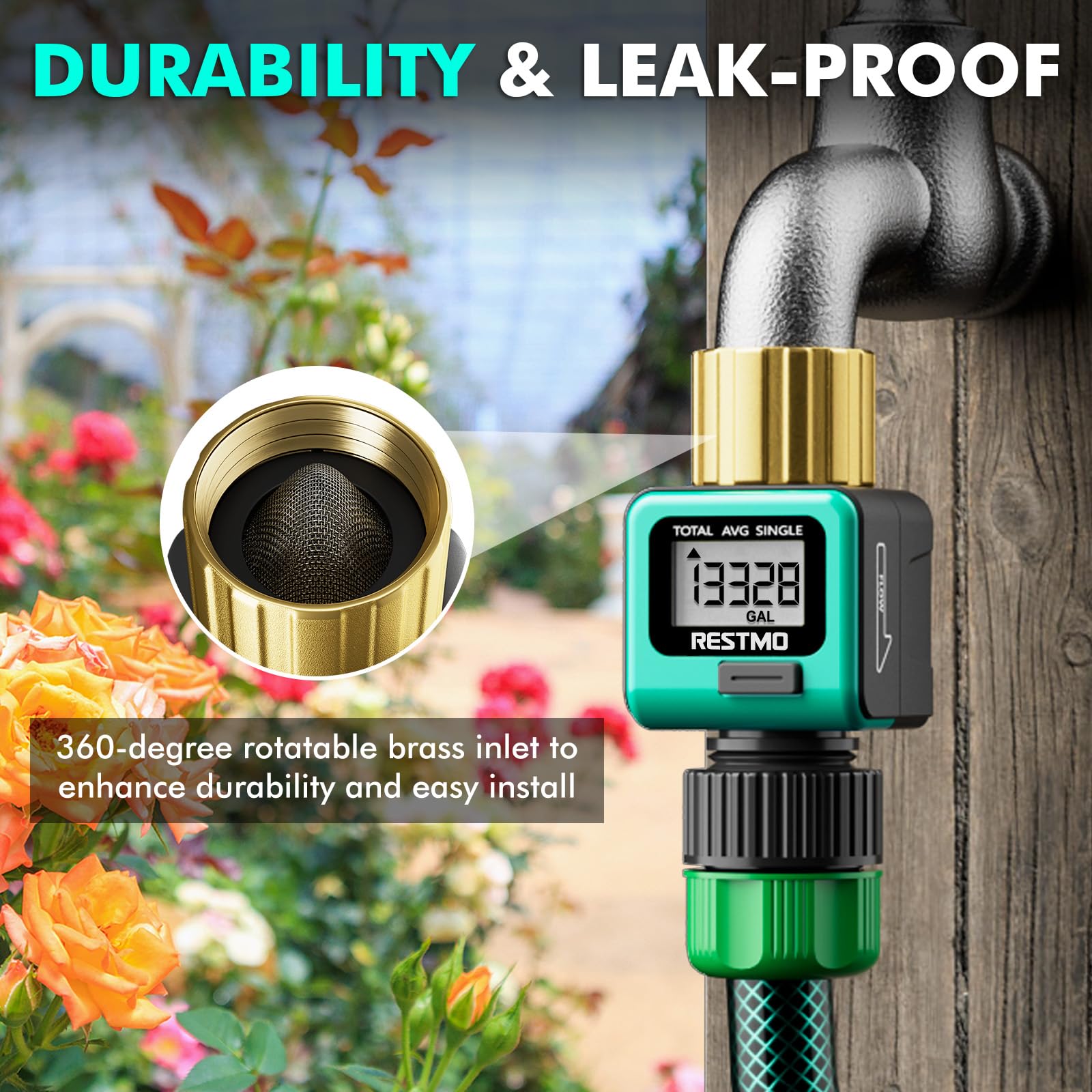 RESTMO water flow meter features durable metal thread connection for outdoor use
