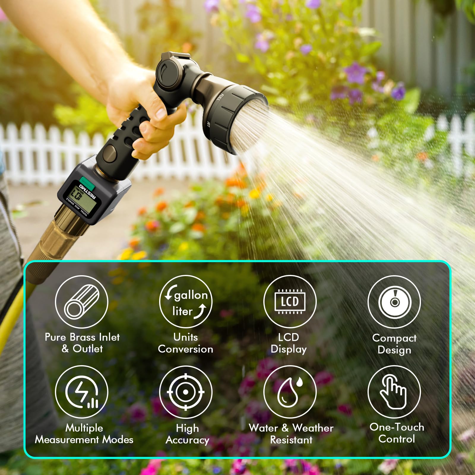 Restmo mode button for switching FLOW, CONSUMPTION, AVERAGE, and TOTAL modes.