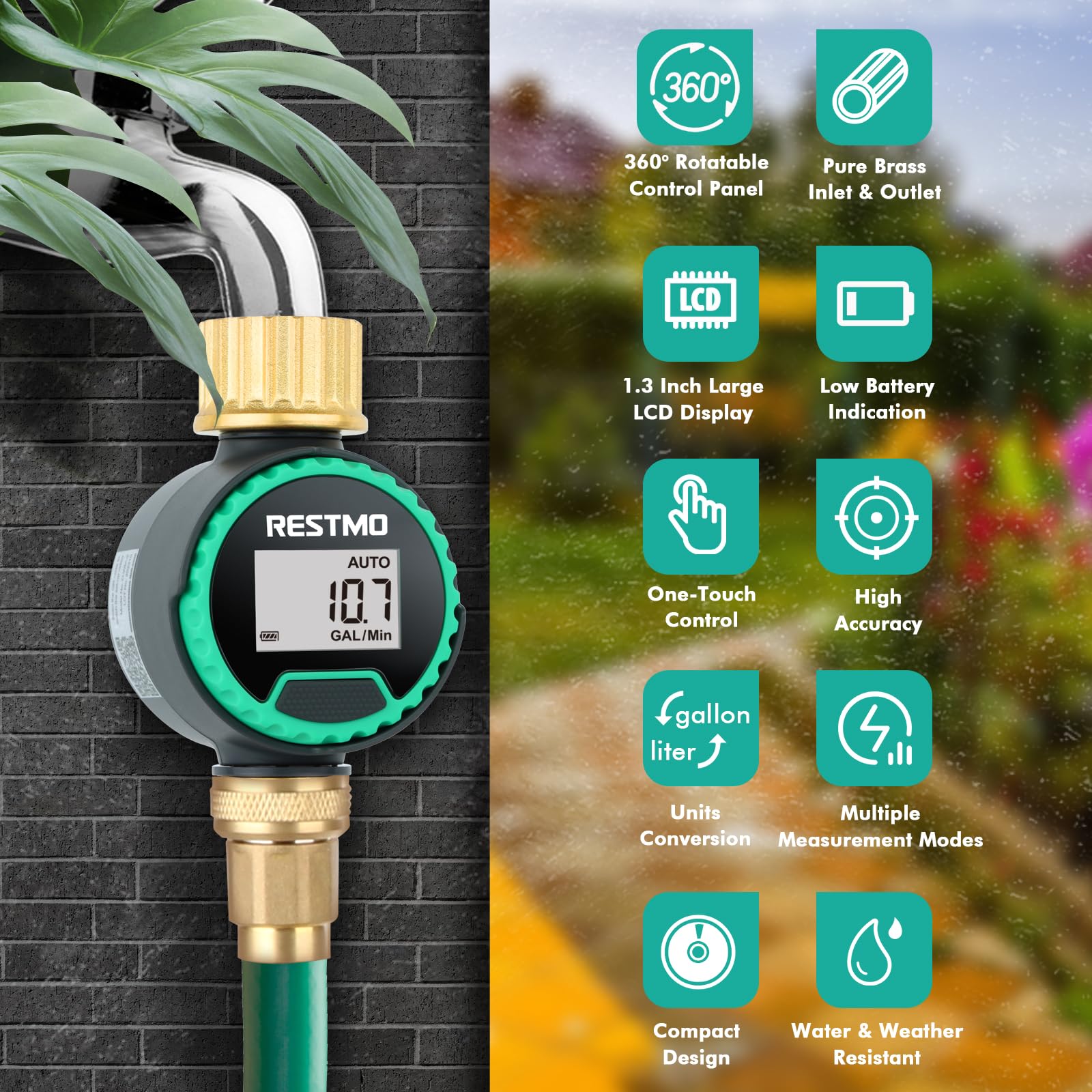 Restmo water meter mounted on a hose showing precise flow and usage