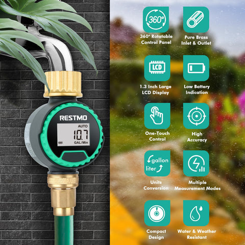 Restmo water meter mounted on a hose showing precise flow and usage
