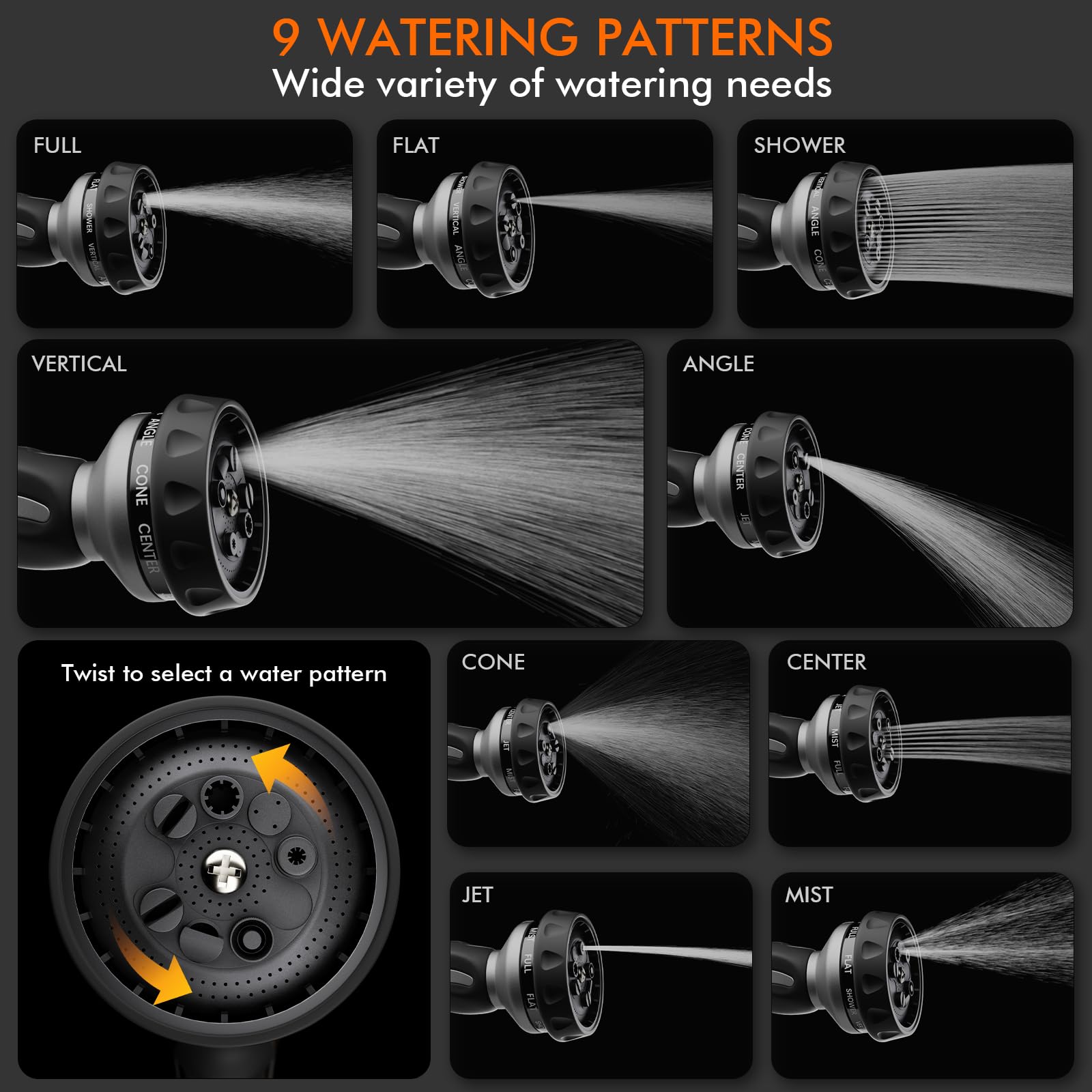 Restmo nine-patterns dial demonstrates versatility for spray, jet, and mist.