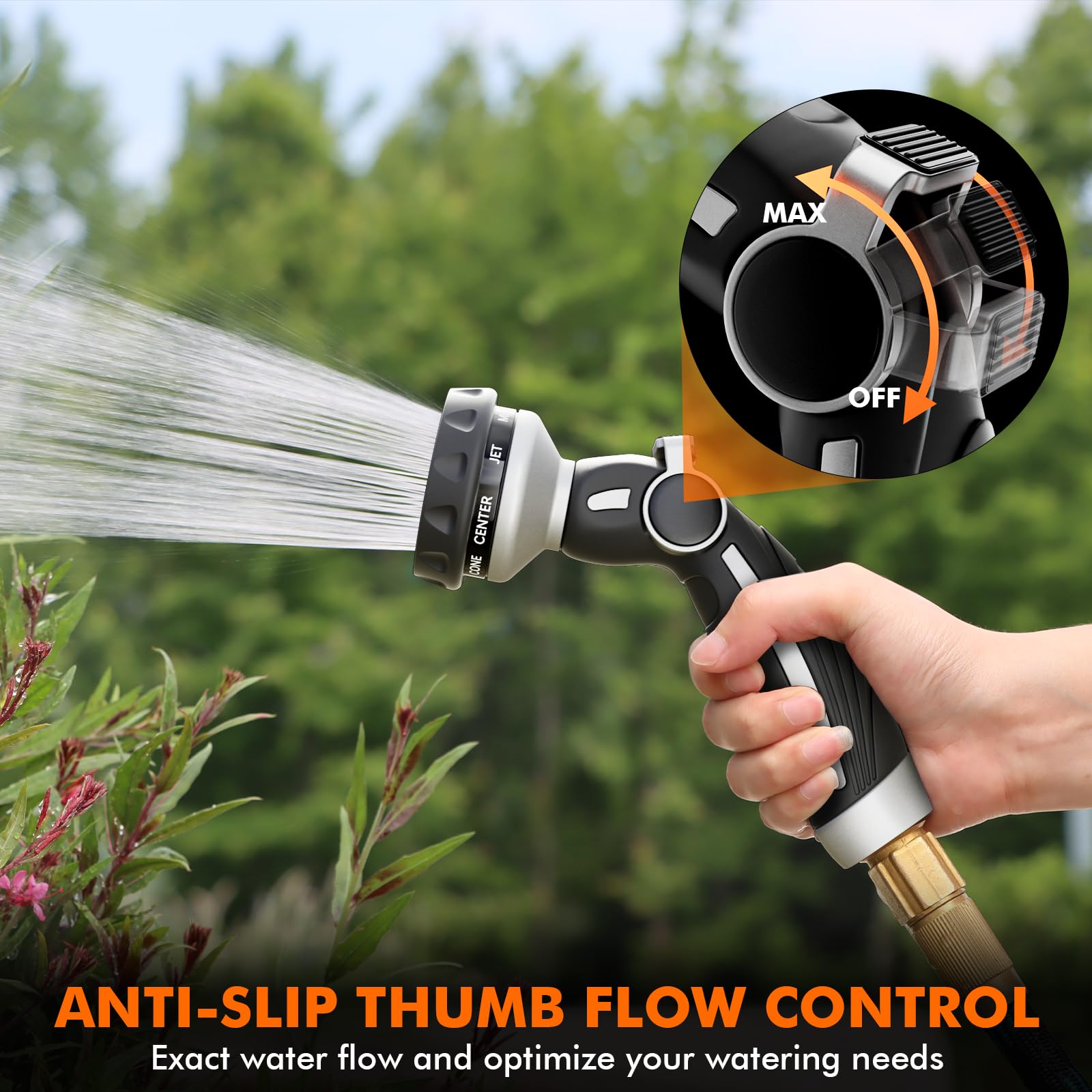 Restmo thumb flow control hose sprayer enabling easy one-handed watering.