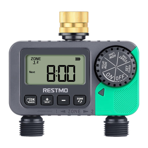 RESTMO Water Timer brass inlet closeup showing leak-proof design for outdoor use
