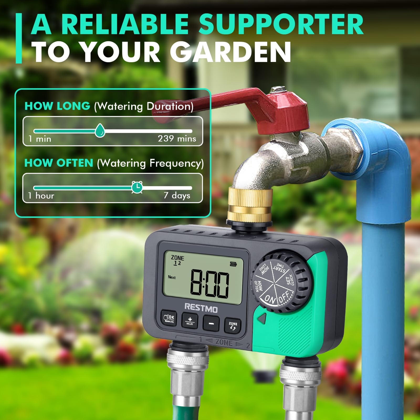 RESTMO outdoor installation on faucet setup for hassle-free irrigation