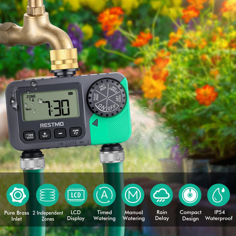 RESTMO Water Timer two zones setup shows separate schedules for efficient watering