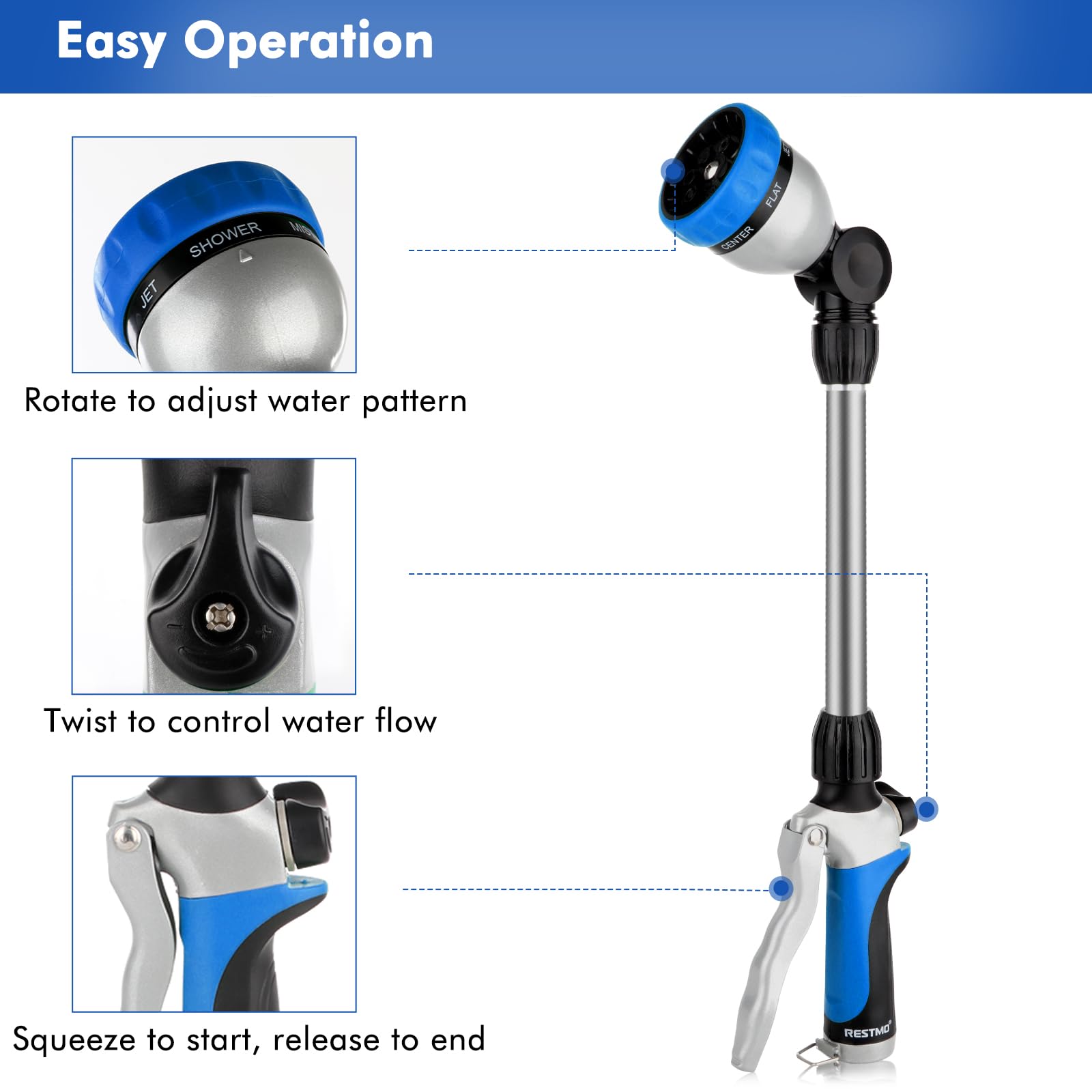Restmo watering wand with 7-pattern dial offers versatile spray options for plants.