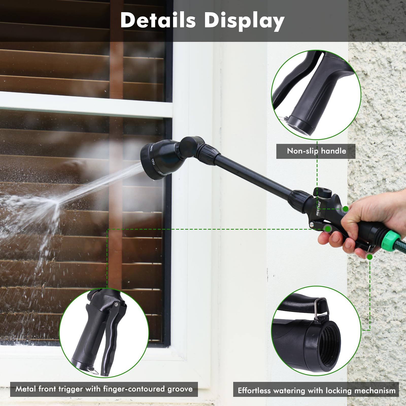 Restmo ergonomic handle with TPU grip reduces hand fatigue during watering