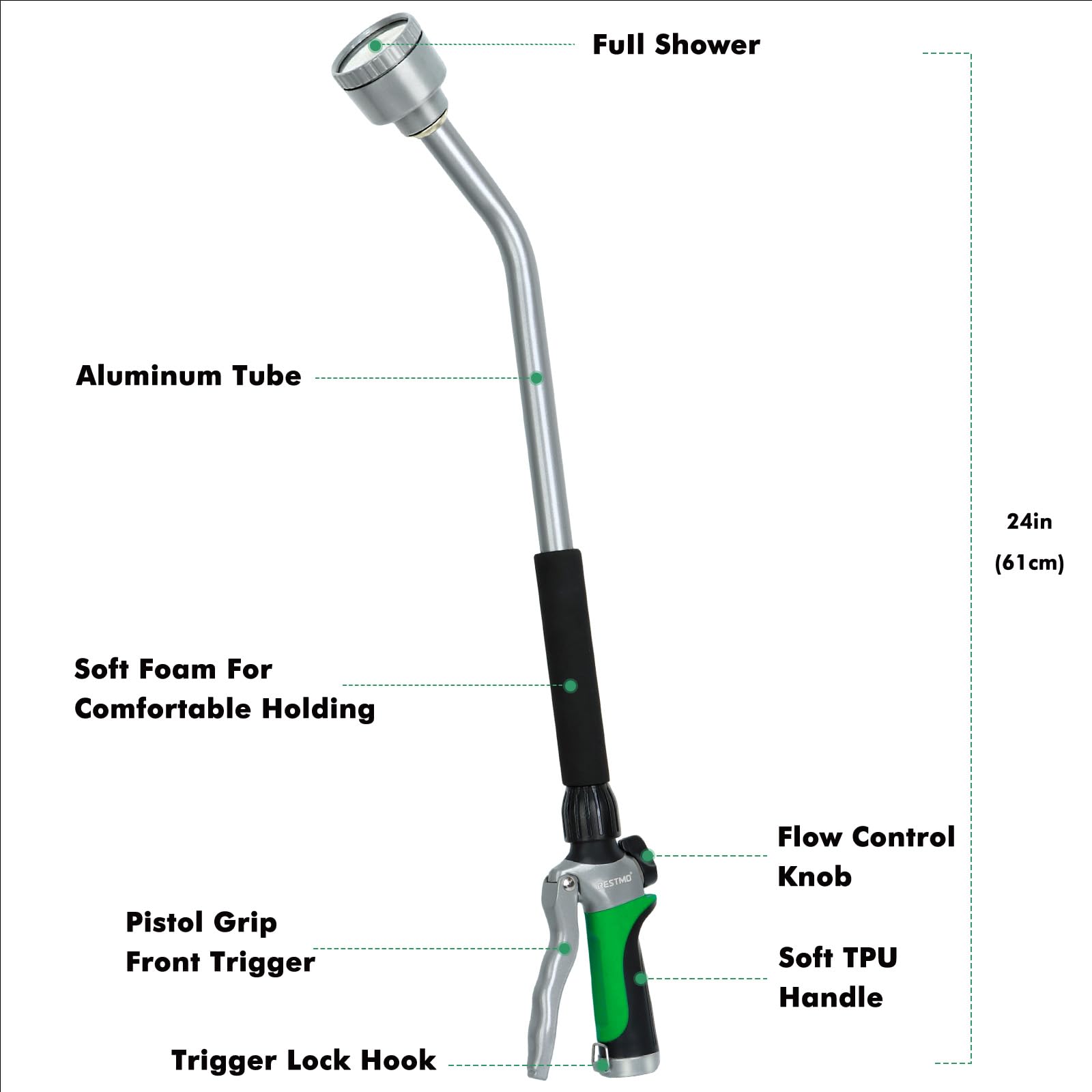 Flow control knob on Restmo wand enables precise watering from mist to jet