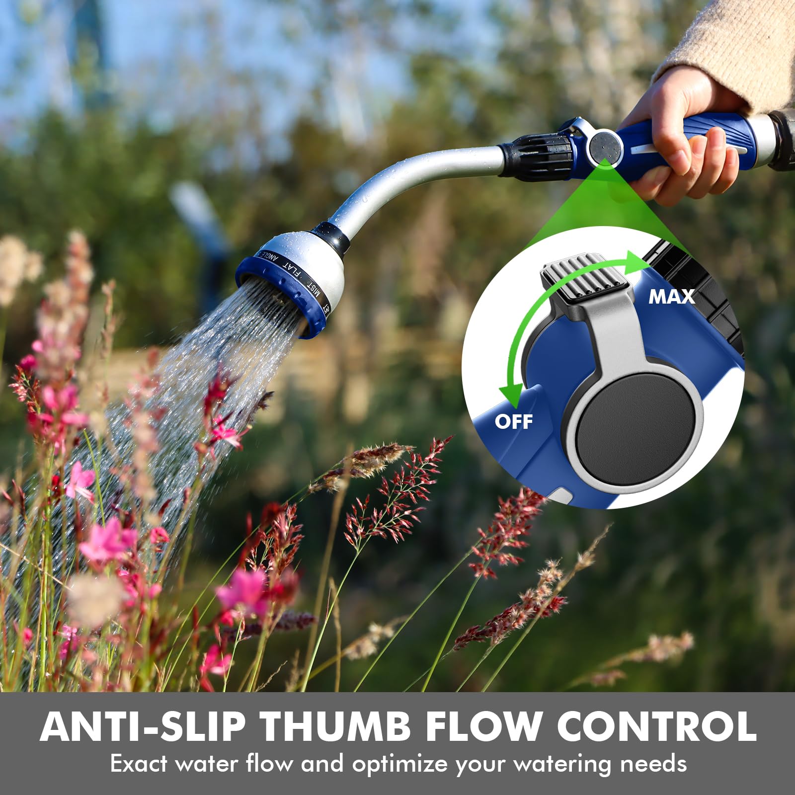 Restmo wand with thumb flow control enables effortless spray adjustments