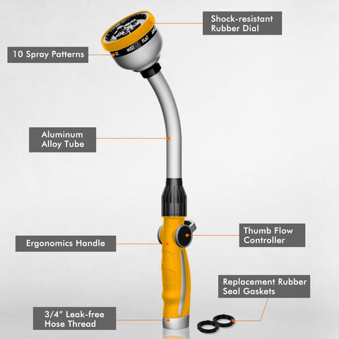 Restmo watering wand with thumb flow-control for easy watering.