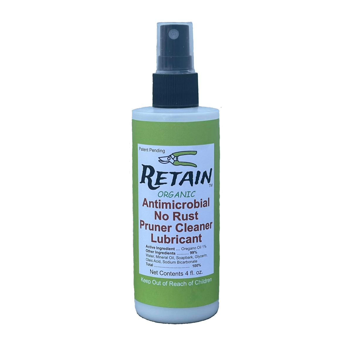 RETAIN Garden Tool Treatment bottle applied to pruner to prevent rust