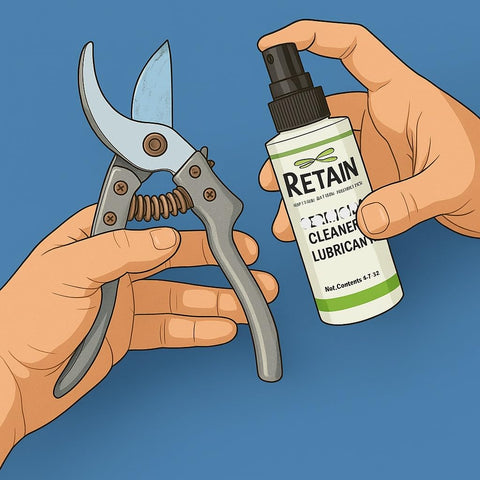 RETAIN Garden Tool Treatment cleans sap from pruning blades for easier maintenance