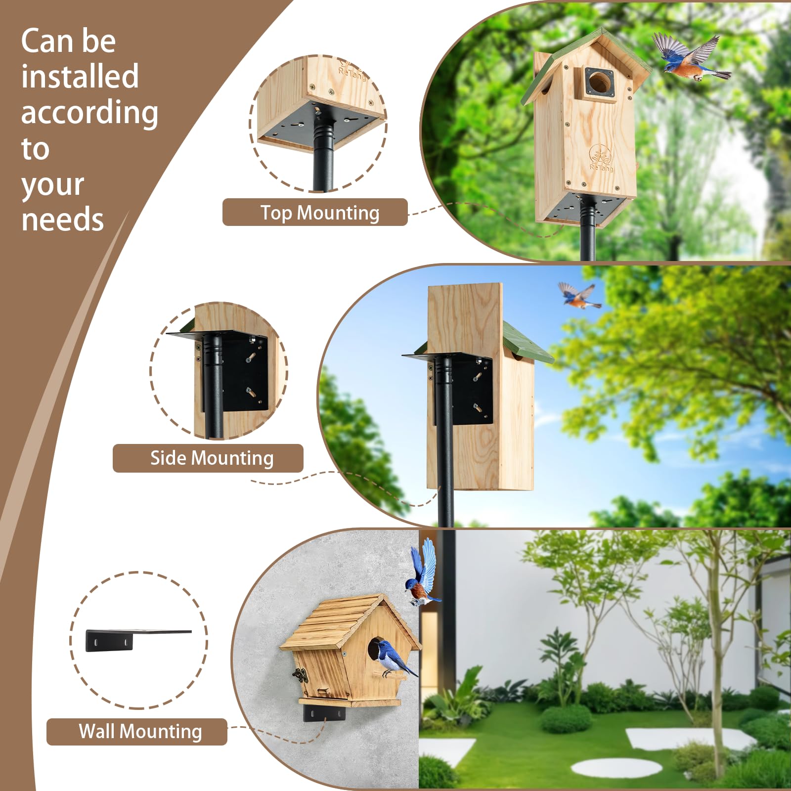 ReTang outdoor pole designed for birdhouses, feeding trays, and stations in gardens.